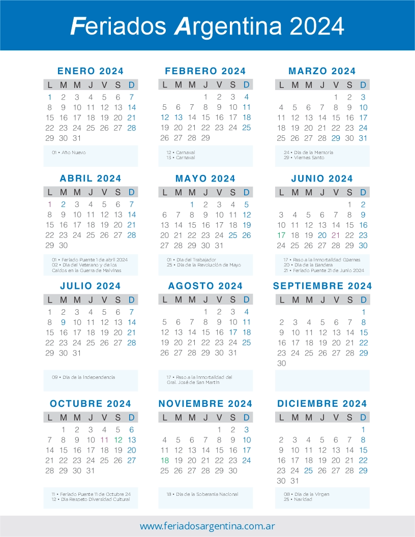Calendario 2024 Feriados Argentina